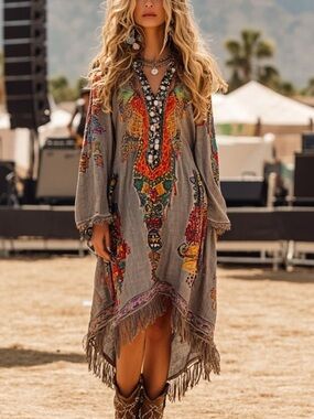 Boho Embroidered Fringe Tunic Dress - Multicolor on Gray